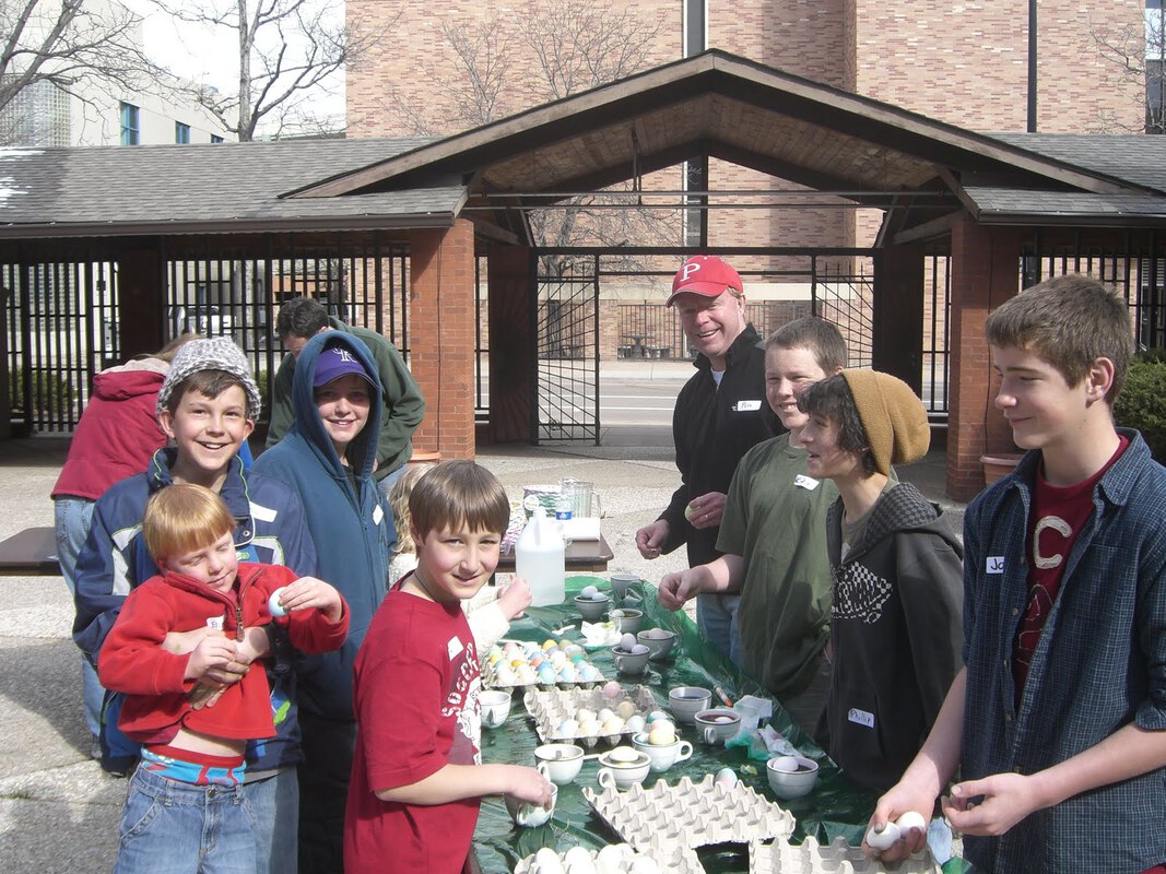 Boy Scouts Leading the Easter Egg Dyeing